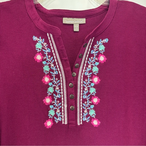 Woman Within Embroidered Top Blouse Size 2X 26/28 Pink Waffle Knit Long Sleeve - Picture 3 of 8